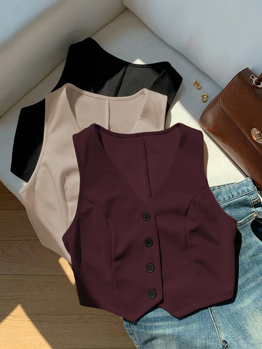 Summer Women'S Elegant Blazer Set with Blazer, Cardigan & Vest - Casual Three-Piece Outfit in Black, White, and Burgundy, Sleeveless, Button Detailing, Spring\u002FSummer Collection
