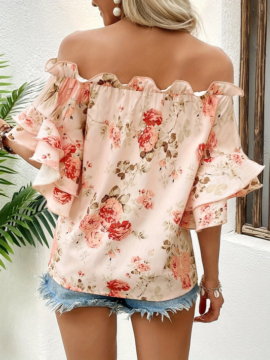 Women'S Floral Off-Shoulder Ruffle Top - Pink with Peach and Green Floral Print, Short Sleeves, Perfect for Spring\u002FSummer, Casual Summer Top|Floral Print Top|Ruffle Detail Top