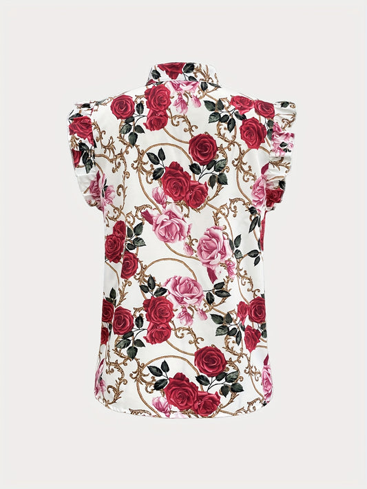 Women'S Elegant Floral Print V-Neck Blouse - Short Sleeves, Ruffle Detail, Perfect for Spring\u002FSummer, Casual Attire, Casual Summer Blouse | Floral Print Top | Ruffle Detail Top