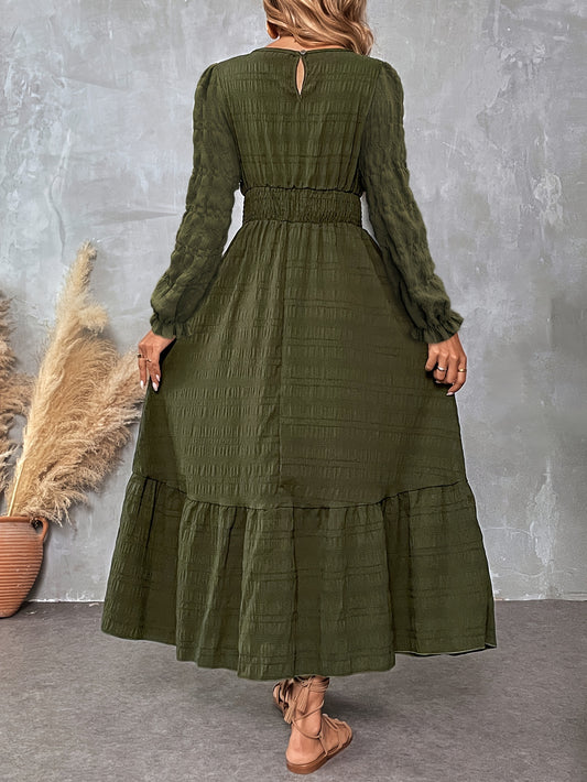 Women's Elegant Casual Long Sleeve Dress with Round Neck & Ruching Details - A-Line Silhouette, Machine Washable, All-Season Versatile Solid Color Dress for Women, Flowy Fabric Gown