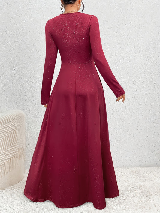 Elegant Maroon V-Neck Long Sleeve Maxi Dress for Women - Stretchy Polyester & Spandex Blend, High Elasticity, A-Line Silhouette, Machine Washable, All-Season Wear