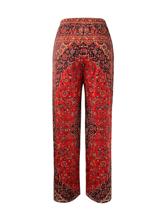 Women's Retro Bohemian Ethnic Print Wide-Leg Pants with Pockets - Vibrant Floral Digital Print, Loose Fit Machine Washable Spring Summer Casual Trousers, Floral Print Pants, Summer Trousers, Comfortable Wear, Durable Fabric