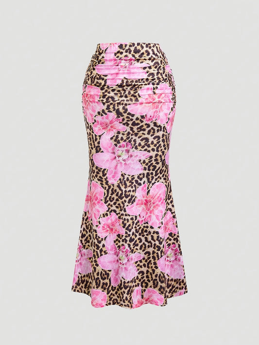 Women'S Floral Print A-Line Mermaid Skirt - Elegant High-Waisted, Stretchy Polyester, Perfect for Spring\u002FSummer Beach Vacations & Casual Outings, Vacation Skirt | Aline Silhouette | Colorful Floral Patter