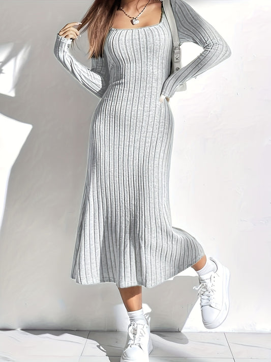 Square Neck Long Sleeve Dress - Elegant Solid Color Mermaid Knit Midi Dress For Spring & Fall - Women's Clothing - For Women - Suitable for Parties & Casual Occasions - Perfect Gift for Her