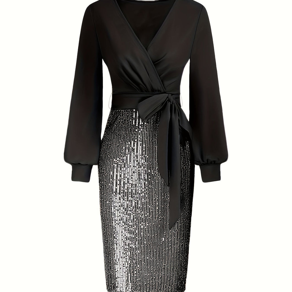 Elegant Black Sequin Bodycon Dress with Deep V-Neck and Long Sleeves - Perfect for Formal Events and Parties, Party Dress | Sequin Embellished Dress | Sleek Fit Dress