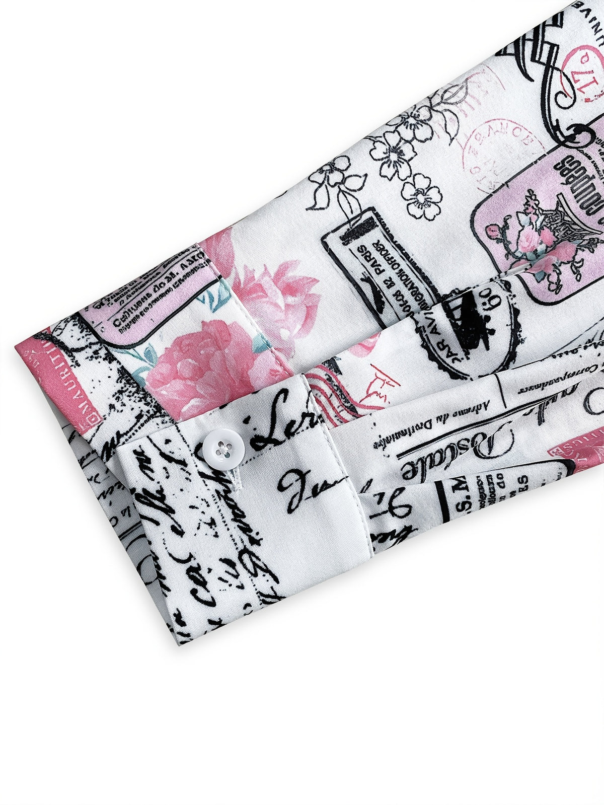 Women'S Casual Long Sleeve Button-Up Shirt with Floral and Letter Print - White with Pink and Black Design, Short Sleeve, Drop Shoulder, Perfect for Spring\u002FSummer, Casual Attire|Floral Print Shirt|Drop Shoulder Design