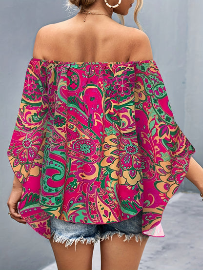 Women'S Off-Shoulder Floral Print Blouse - Vibrant Pink & Green Tropical Design, Ruffled Sleeves, Lightweight Polyester, Perfect for Summer Casual Outings, Ladies Blouses