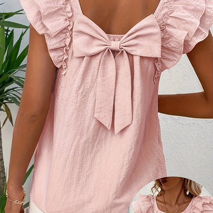 Women's Youthful Daily Commute Cute Square Neck Ruffle Sleeve Blouse with Bow at the Back