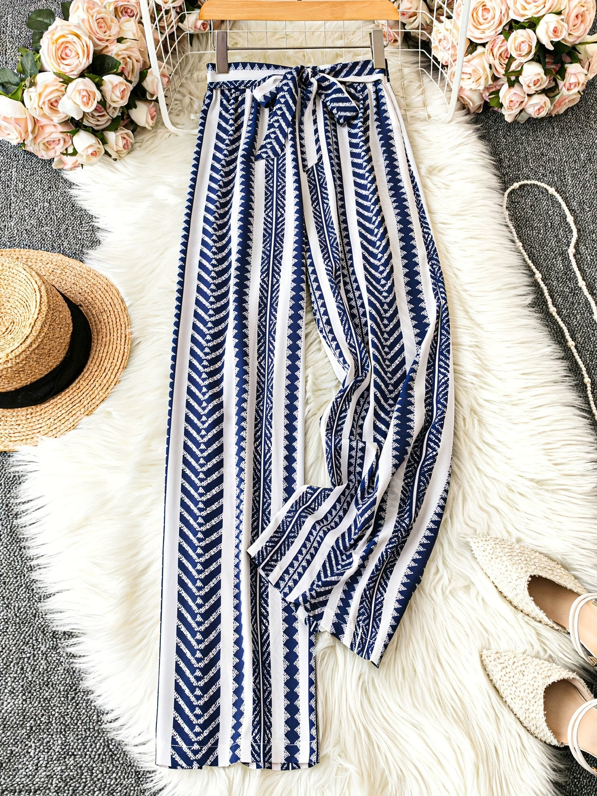Women's Navy Blue & White Geometric Pattern Wide-Leg Pants with Tie Waist - Loose Fit for Summer Beach Vacations, Handwash or Dry Clean, Beach Clothes, Vacation Clothing, Nonelastic Fabric