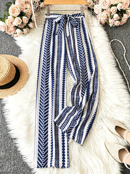 Women's Navy Blue & White Geometric Pattern Wide-Leg Pants with Tie Waist - Loose Fit for Summer Beach Vacations, Handwash or Dry Clean, Beach Clothes, Vacation Clothing, Nonelastic Fabric