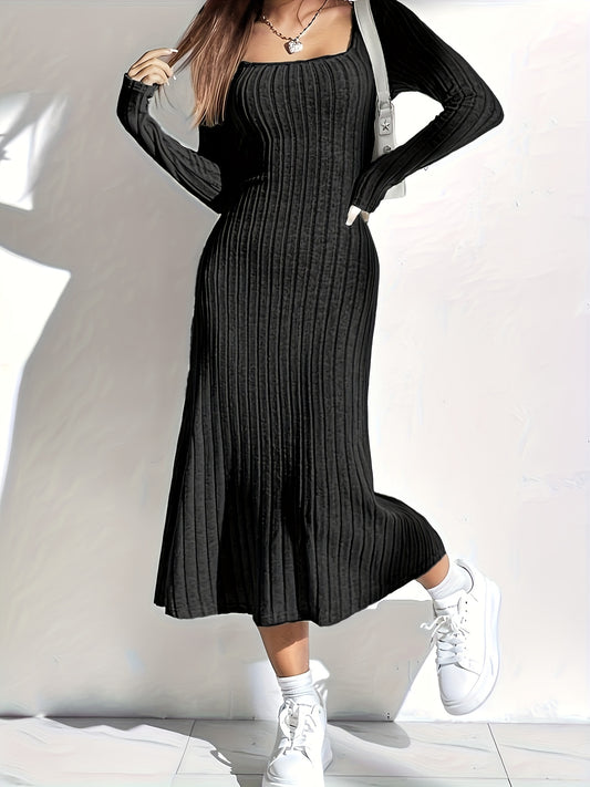 Square Neck Long Sleeve Dress - Elegant Solid Color Mermaid Knit Midi Dress For Spring & Fall - Women's Clothing - For Women - Suitable for Parties & Casual Occasions - Perfect Gift for Her