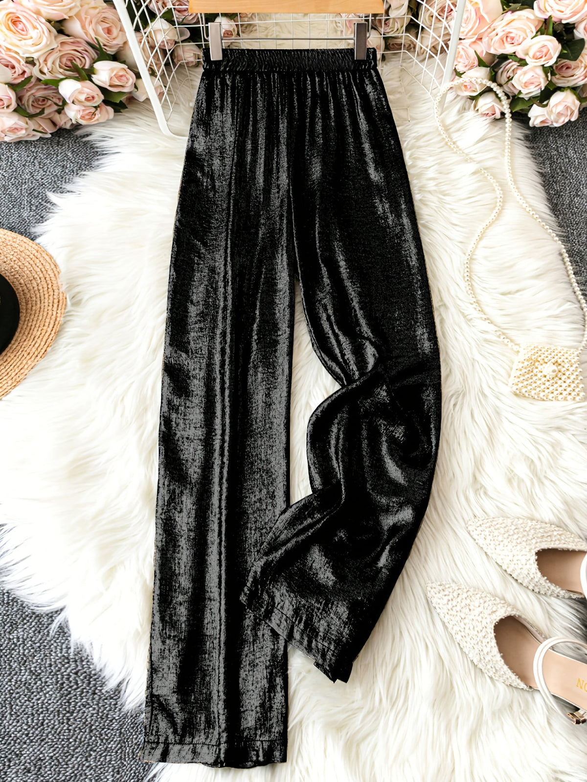 Women's Summer Casual Solid Color Straight Leg Pants - Golden Shimmer Textured Fabric, Elastic Waistband, Machine Washable, Spring\u002FSummer Long Pants for Adults, Spring Casualwear, Durable Casualwear, Shimmering Fabric
