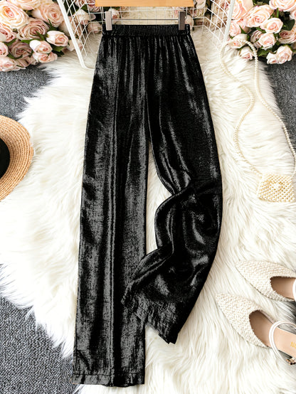 Women's Summer Casual Solid Color Straight Leg Pants - Golden Shimmer Textured Fabric, Elastic Waistband, Machine Washable, Spring\u002FSummer Long Pants for Adults, Spring Casualwear, Durable Casualwear, Shimmering Fabric