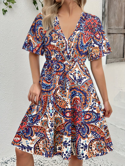 Elegant V Neck Batwing Sleeve Floral Print Dress, Polyester 100% Woven Sun Dress for Adult Women, All Season