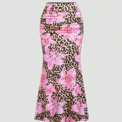 Women'S Floral Print A-Line Mermaid Skirt - Elegant High-Waisted, Stretchy Polyester, Perfect for Spring\u002FSummer Beach Vacations & Casual Outings, Vacation Skirt | Aline Silhouette | Colorful Floral Patter