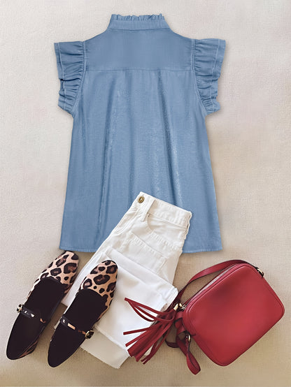 Women'S Light Blue Ruffle Sleeve Blouse with Stand Collar & Button Front - Elegant Casual Summer Shirt, Regular Fit, No Padding, Perfect for Casual Attire, Ladies Blouses