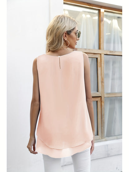 Women's Elegant Black Chiffon Sleeveless Blouse - Crew Neck, Layered Ruffle Hem, Lightweight & Breathable for Spring\u002FSummer Casual Wear, Summer Fashion Top, Offshoulder Effect, Evenly Draping Top