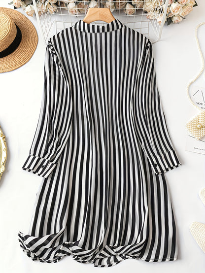 Striped Long Sleeve Dress - Casual Button Front Shirt Dress For Spring & Fall - Women's Clothing - Soft & Comfortable Fabric - Perfect for Casual Occasions - Ideal Gift for Women