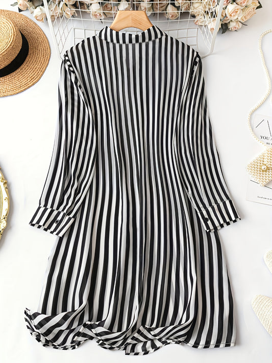 Striped Long Sleeve Dress - Casual Button Front Shirt Dress For Spring & Fall - Women's Clothing - Soft & Comfortable Fabric - Perfect for Casual Occasions - Ideal Gift for Women