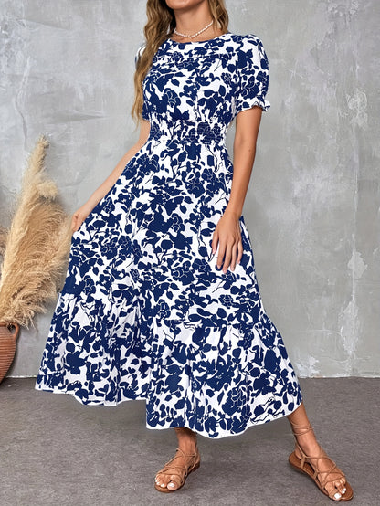Elegant Floral Print Crew Neck Short Sleeve A-Line Pendulum Dress, Long Length, for Adult