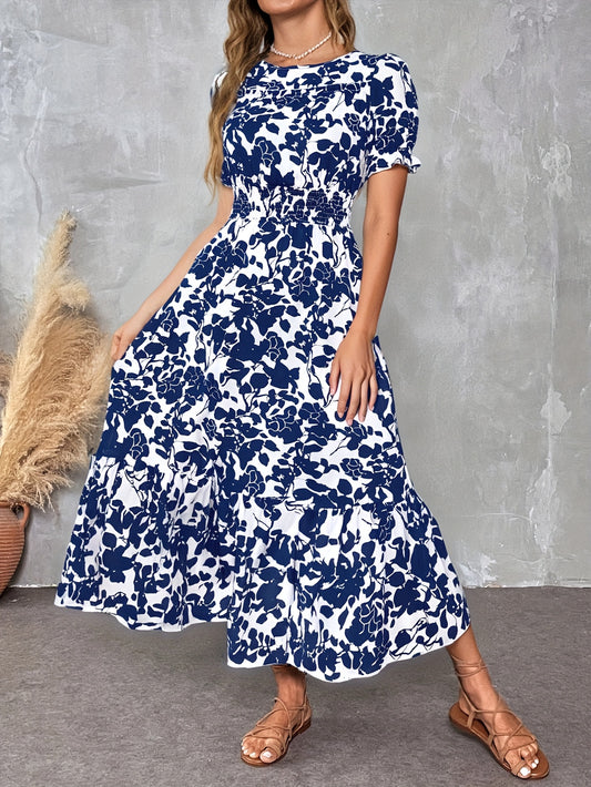 Elegant Floral Print Crew Neck Short Sleeve A-Line Pendulum Dress, Long Length, for Adult