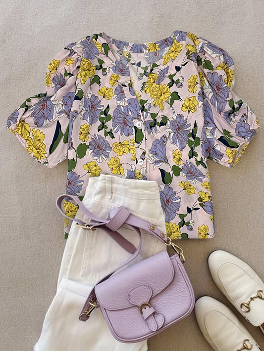 Elegant Floral Print V-Neck Blouse for Women - Short Sleeve, Button-Up Shirt with Vibrant Pink & Blue Flowers, Perfect for Spring\u002FSummer Casual Wear, Spring Fashion | Feminine Blouse | Glossy Finish