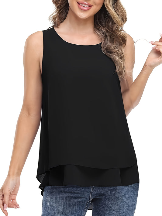Women's Elegant Black Chiffon Sleeveless Blouse - Crew Neck, Layered Ruffle Hem, Lightweight & Breathable for Spring\u002FSummer Casual Wear, Summer Fashion Top, Offshoulder Effect, Evenly Draping Top