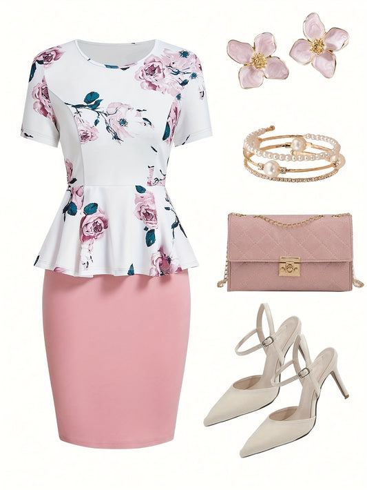 Women's Elegant Floral Print Short Sleeve Dress - A-Line Knee-Length with Keyhole Slit, High Elasticity Machine Washable Summer Dress for Casual & Formal Occasions, Ditsy Floral Print Dress, Formal Wear for Women, Chic Fabric Style