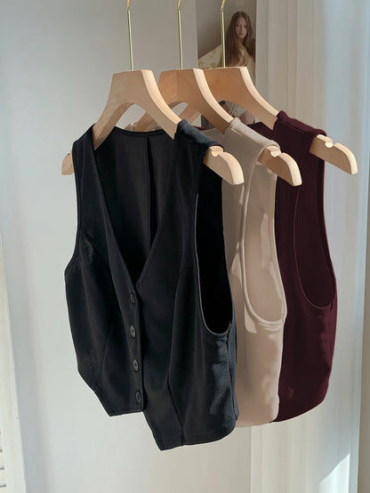 Summer Women'S Elegant Blazer Set with Blazer, Cardigan & Vest - Casual Three-Piece Outfit in Black, White, and Burgundy, Sleeveless, Button Detailing, Spring\u002FSummer Collection