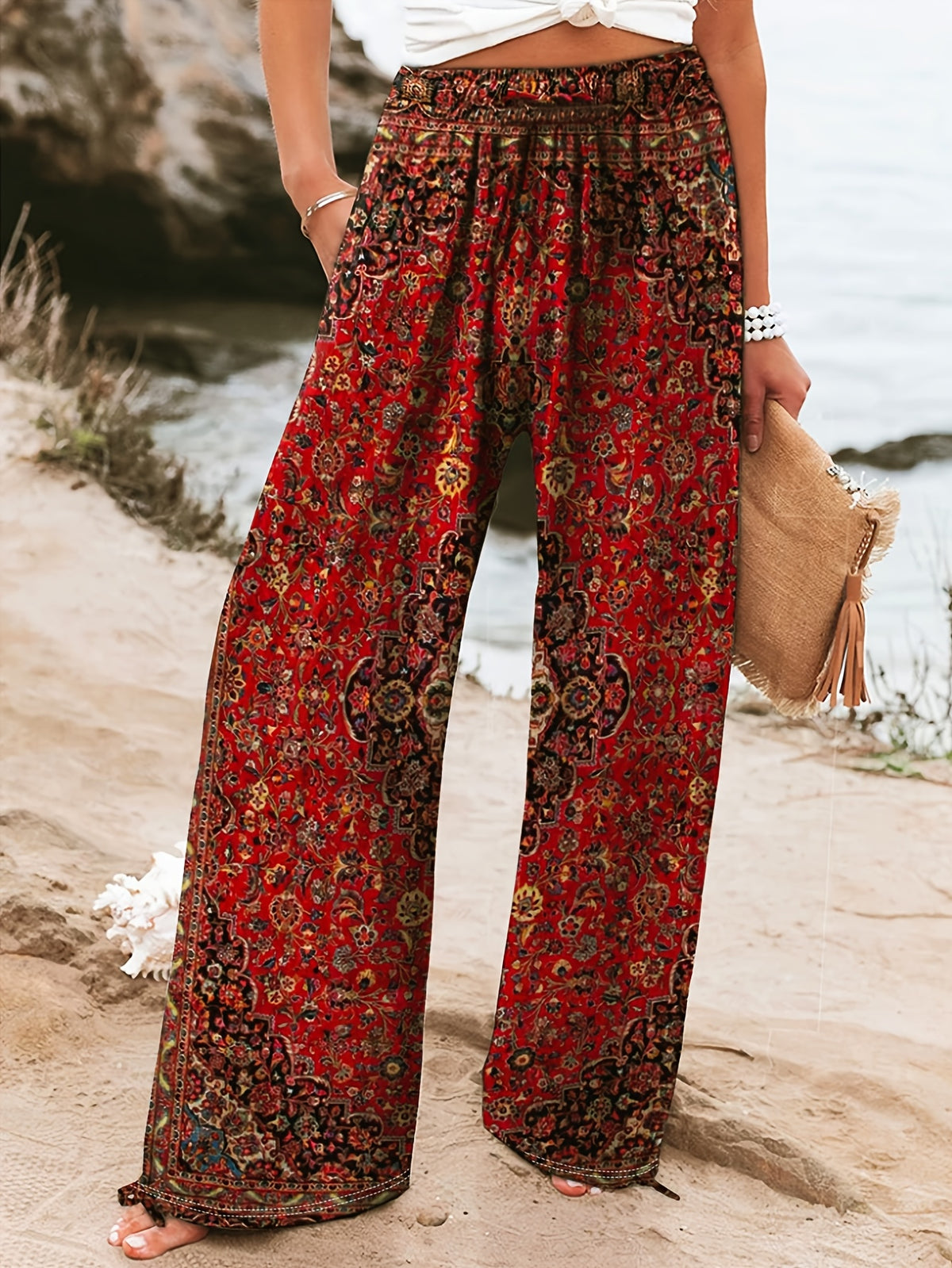 Women's Retro Bohemian Ethnic Print Wide-Leg Pants with Pockets - Vibrant Floral Digital Print, Loose Fit Machine Washable Spring Summer Casual Trousers, Floral Print Pants, Summer Trousers, Comfortable Wear, Durable Fabric