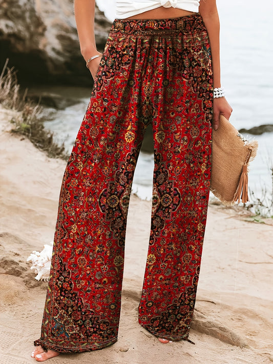 Women's Retro Bohemian Ethnic Print Wide-Leg Pants with Pockets - Vibrant Floral Digital Print, Loose Fit Machine Washable Spring Summer Casual Trousers, Floral Print Pants, Summer Trousers, Comfortable Wear, Durable Fabric