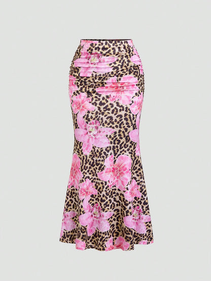 Women'S Floral Print A-Line Mermaid Skirt - Elegant High-Waisted, Stretchy Polyester, Perfect for Spring\u002FSummer Beach Vacations & Casual Outings, Vacation Skirt | Aline Silhouette | Colorful Floral Patter