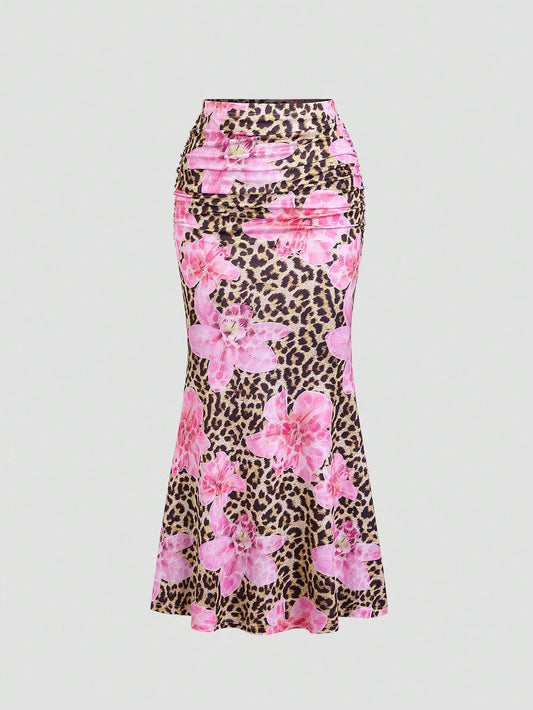 Women'S Floral Print A-Line Mermaid Skirt - Elegant High-Waisted, Stretchy Polyester, Perfect for Spring\u002FSummer Beach Vacations & Casual Outings, Vacation Skirt | Aline Silhouette | Colorful Floral Patter