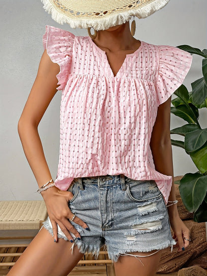 Elegant French-Inspired V-Neck Blouse with Ruched Detail - Sleeveless, Button-Up Top for Women, Light Pink, Perfect for Spring\u002FSummer Casual Wear, Casual Summer Wear | Ruched Texture Top | Buttonup Top, Ladies Blouses