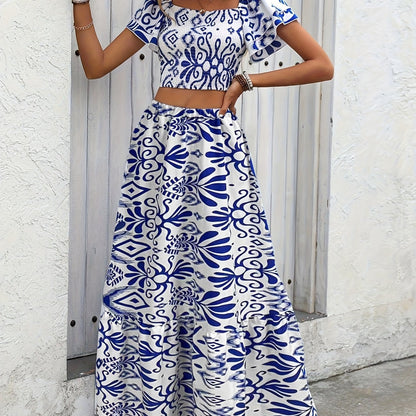 Women'S Elegant Blue & White Floral Print Wrap Dress - Square Neck, Short Sleeve, High-Low Hem, Lightweight Polyester, Perfect for Summer Vacations and Casual Outings, Beach Dresses