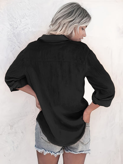 Women'S Casual Long Sleeve Button-Up Shirt - Summer Lightweight Solid Color, Classic Collar, Versatile for Casual Attire, Versatile Blouse | Classic Collar Style | Nontransparent Fabric