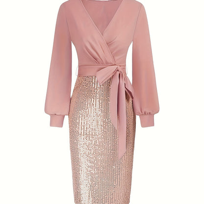 Elegant Black Sequin Bodycon Dress with Deep V-Neck and Long Sleeves - Perfect for Formal Events and Parties, Party Dress | Sequin Embellished Dress | Sleek Fit Dress