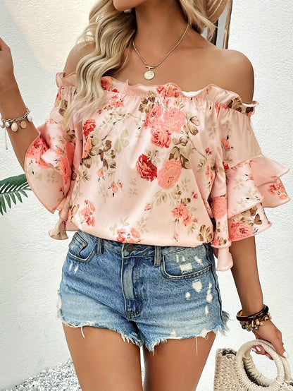 Women'S Floral Off-Shoulder Ruffle Top - Pink with Peach and Green Floral Print, Short Sleeves, Perfect for Spring\u002FSummer, Casual Summer Top|Floral Print Top|Ruffle Detail Top