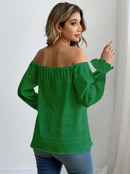Solid Color Casual Elegant Pleated Off-Shoulder Long Sleeve Shirt Summer Wear