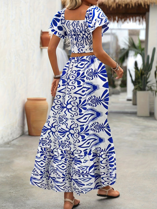 Women'S Elegant Blue & White Floral Print Wrap Dress - Square Neck, Short Sleeve, High-Low Hem, Lightweight Polyester, Perfect for Summer Vacations and Casual Outings, Beach Dresses