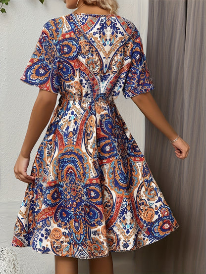 Elegant V Neck Batwing Sleeve Floral Print Dress, Polyester 100% Woven Sun Dress for Adult Women, All Season