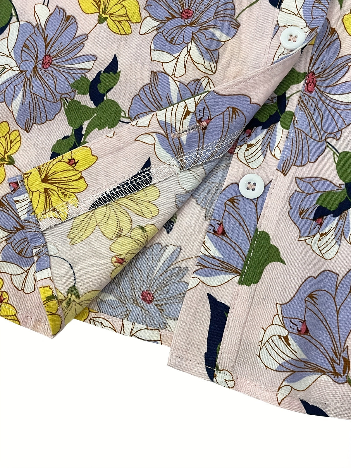 Elegant Floral Print V-Neck Blouse for Women - Short Sleeve, Button-Up Shirt with Vibrant Pink & Blue Flowers, Perfect for Spring\u002FSummer Casual Wear, Spring Fashion | Feminine Blouse | Glossy Finish