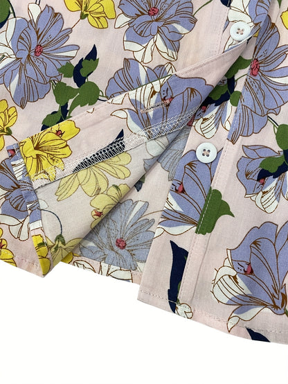 Elegant Floral Print V-Neck Blouse for Women - Short Sleeve, Button-Up Shirt with Vibrant Pink & Blue Flowers, Perfect for Spring\u002FSummer Casual Wear, Spring Fashion | Feminine Blouse | Glossy Finish