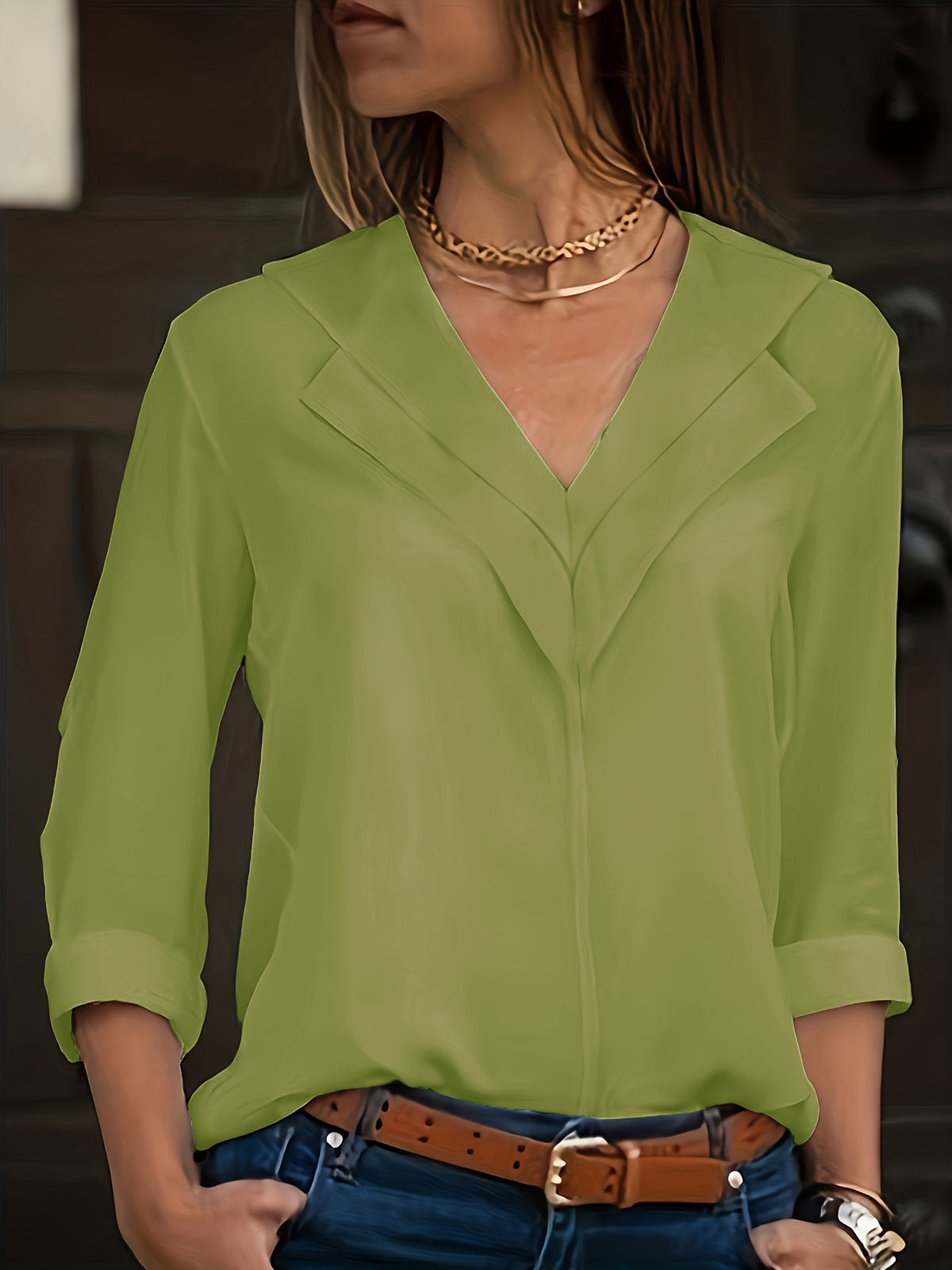 Solid Simple Blouse, Casual V Neck Long Sleeve Versatile Blouse - Women's Clothing -  For Everyday Wear - Perfect for Work, Casual Outings - Gift for Women