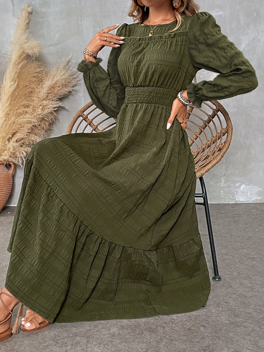 Women's Elegant Casual Long Sleeve Dress with Round Neck & Ruching Details - A-Line Silhouette, Machine Washable, All-Season Versatile Solid Color Dress for Women, Flowy Fabric Gown