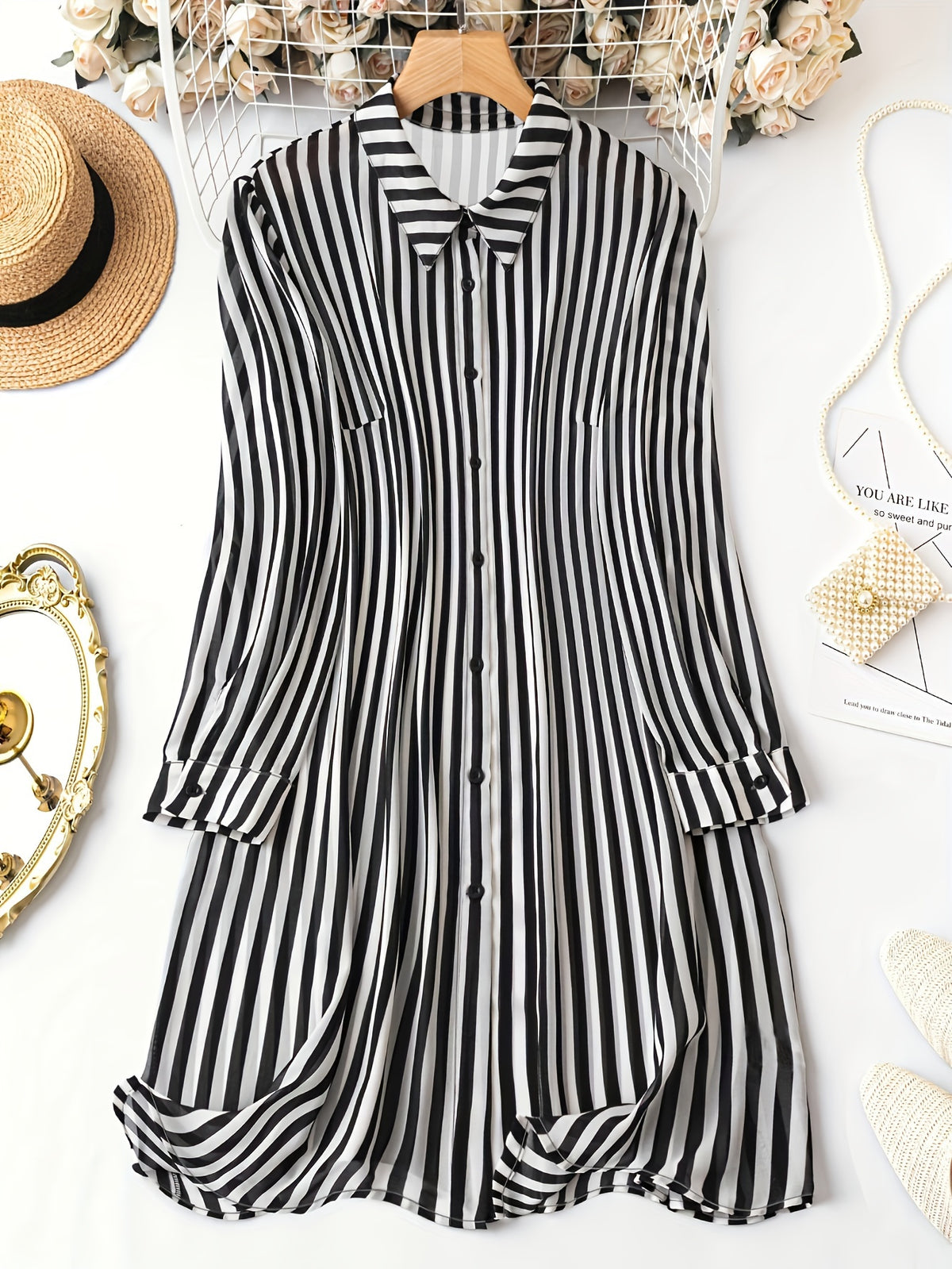Striped Long Sleeve Dress - Casual Button Front Shirt Dress For Spring & Fall - Women's Clothing - Soft & Comfortable Fabric - Perfect for Casual Occasions - Ideal Gift for Women
