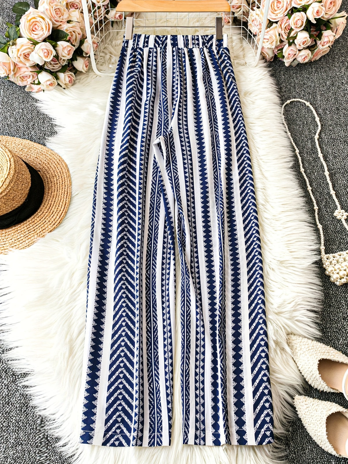 Women's Navy Blue & White Geometric Pattern Wide-Leg Pants with Tie Waist - Loose Fit for Summer Beach Vacations, Handwash or Dry Clean, Beach Clothes, Vacation Clothing, Nonelastic Fabric