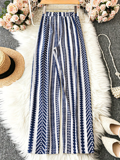 Women's Navy Blue & White Geometric Pattern Wide-Leg Pants with Tie Waist - Loose Fit for Summer Beach Vacations, Handwash or Dry Clean, Beach Clothes, Vacation Clothing, Nonelastic Fabric