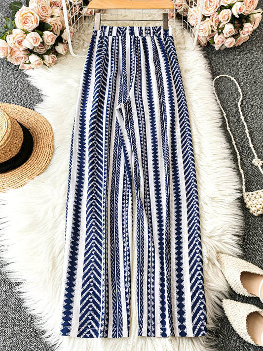 Women's Navy Blue & White Geometric Pattern Wide-Leg Pants with Tie Waist - Loose Fit for Summer Beach Vacations, Handwash or Dry Clean, Beach Clothes, Vacation Clothing, Nonelastic Fabric