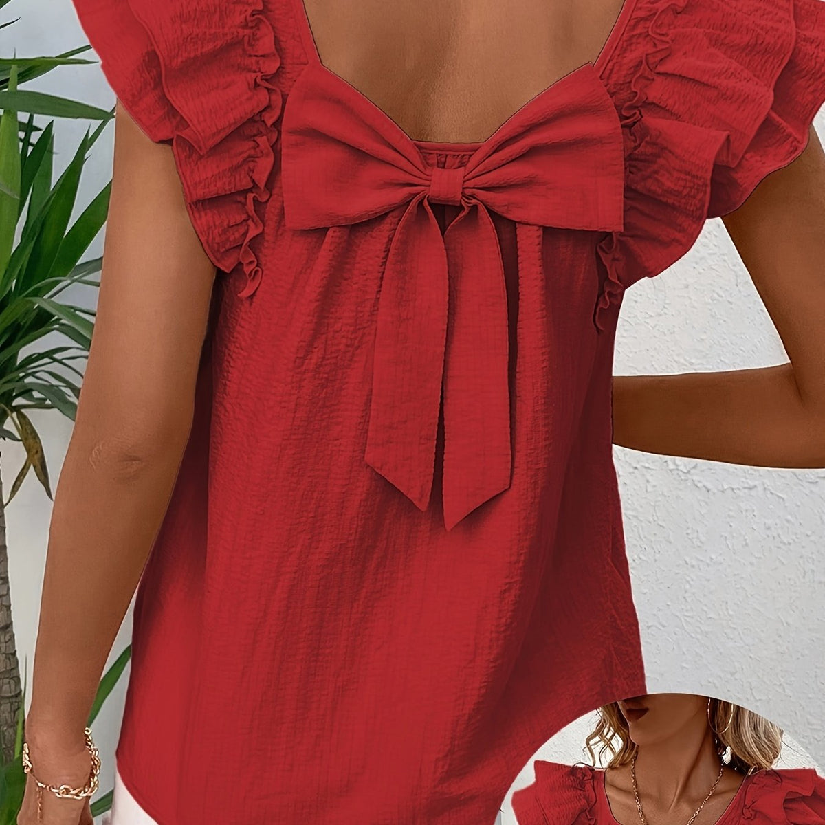 Women's Youthful Daily Commute Cute Square Neck Ruffle Sleeve Blouse with Bow at the Back
